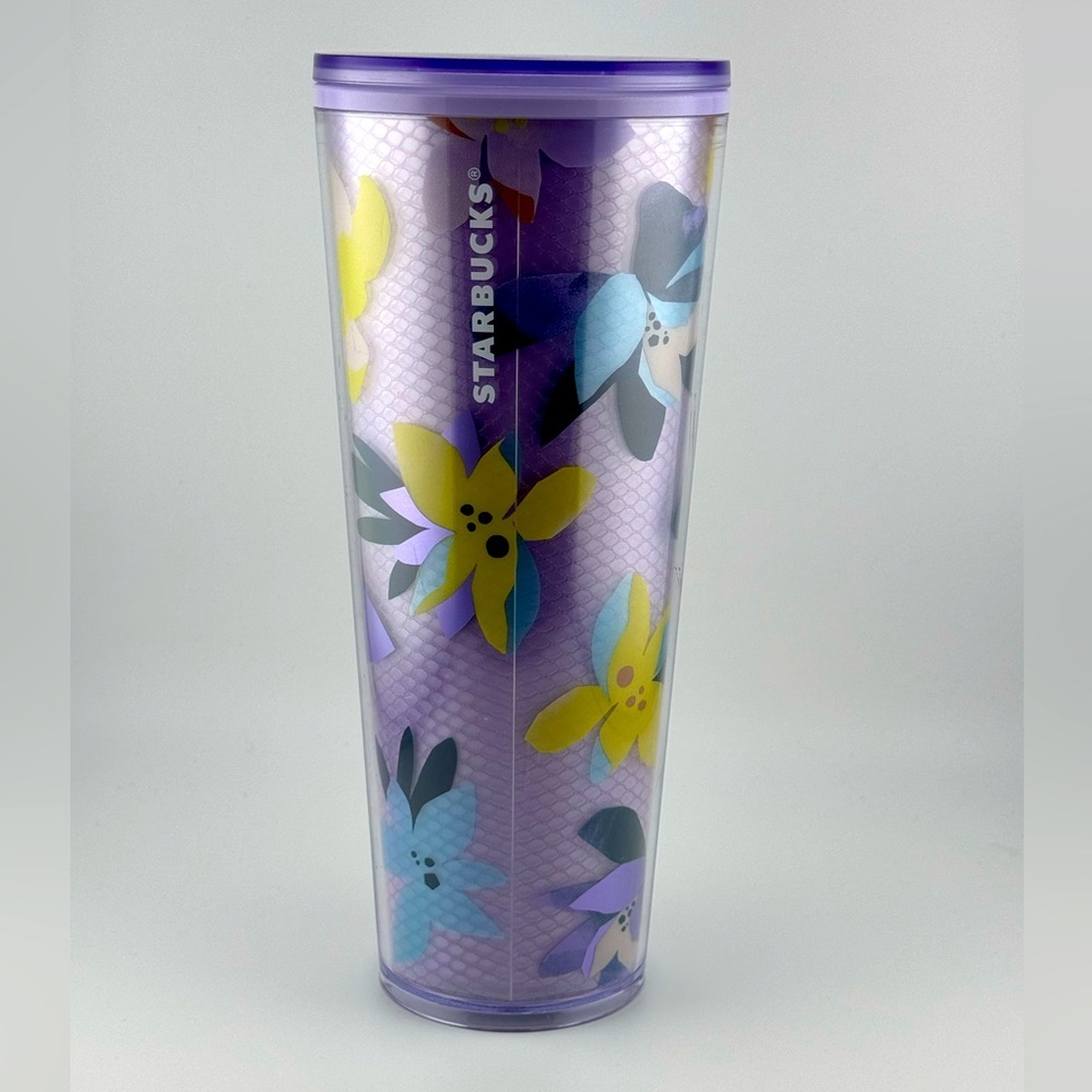 Starbucks Coffee Co. Plastic Tumbler w/Lid Purple Floral Flowers Venti 24oz Cup